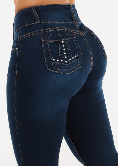 Butt Lift Mid Rise Stretch Skinny Jeans Dark Blue
