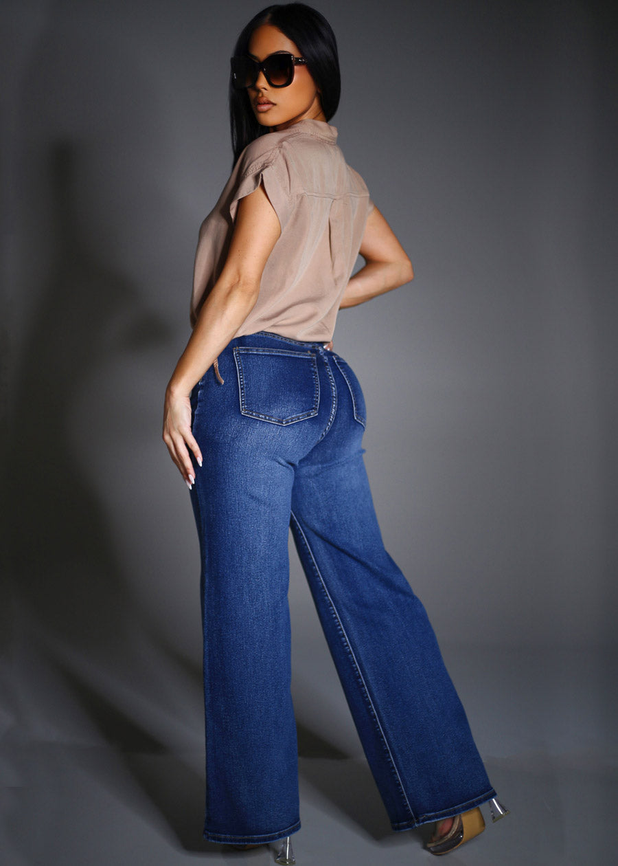 Super High Waisted Stretch Wide Leg Jeans Dark Wash