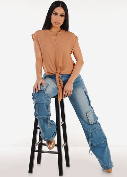 Super High Waist Med Wash Stretchy Cargo Jeans