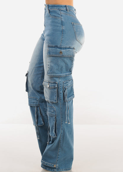 Super High Waist Med Wash Stretchy Cargo Jeans