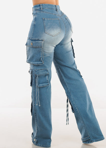Super High Waist Med Wash Stretchy Cargo Jeans