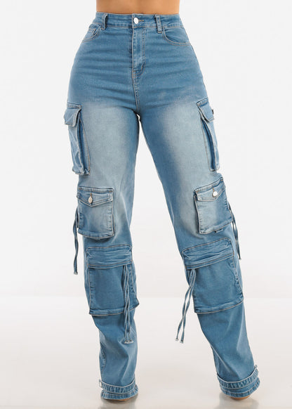 Super High Waist Med Wash Stretchy Cargo Jeans