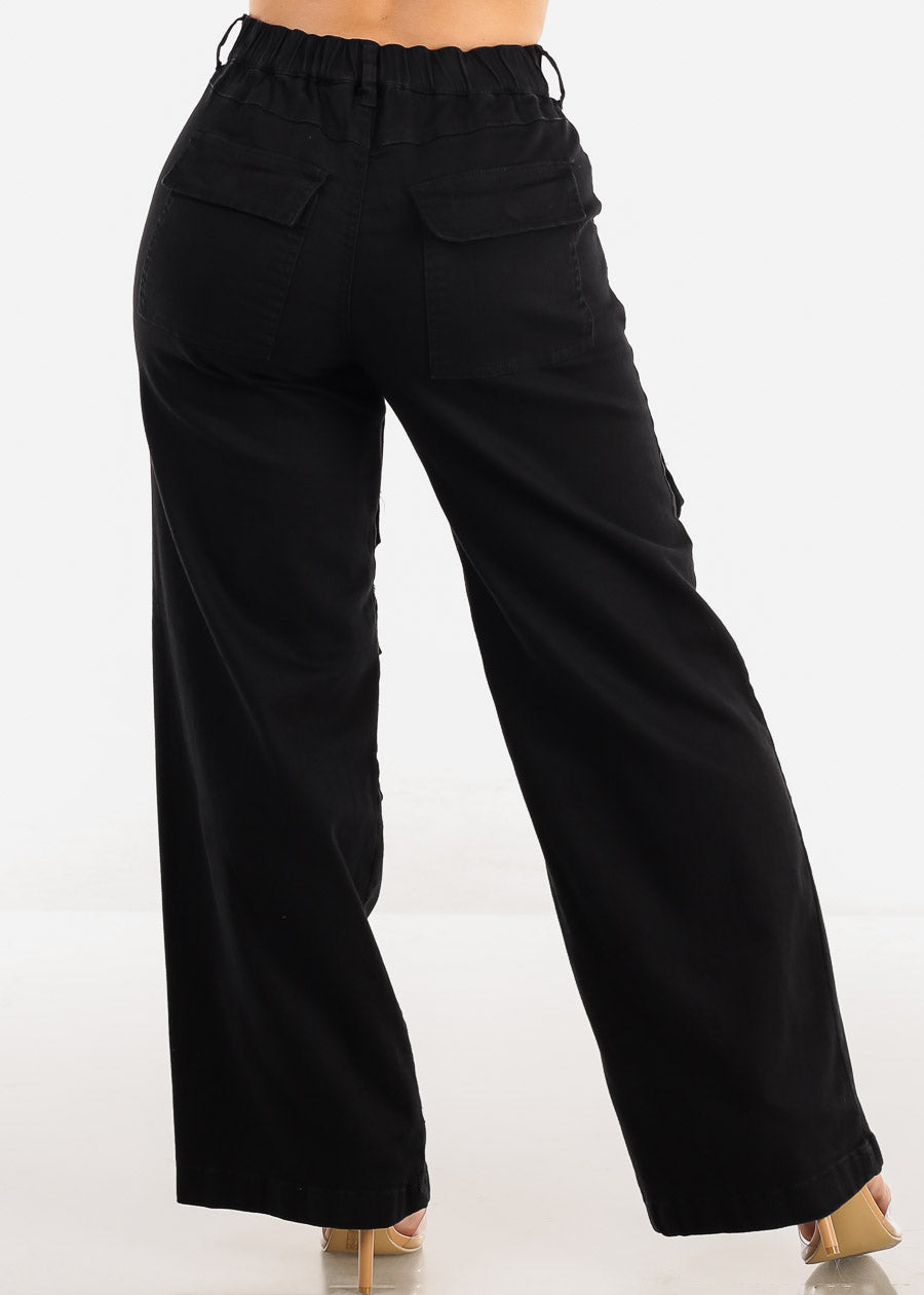 Super High Waist Straight Wide Leg Black Cargo Jeans