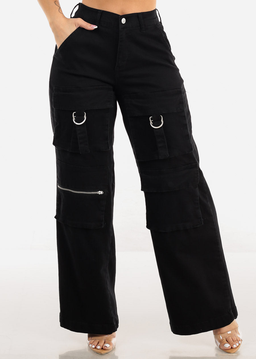 Super High Waist Straight Wide Leg Black Cargo Jeans