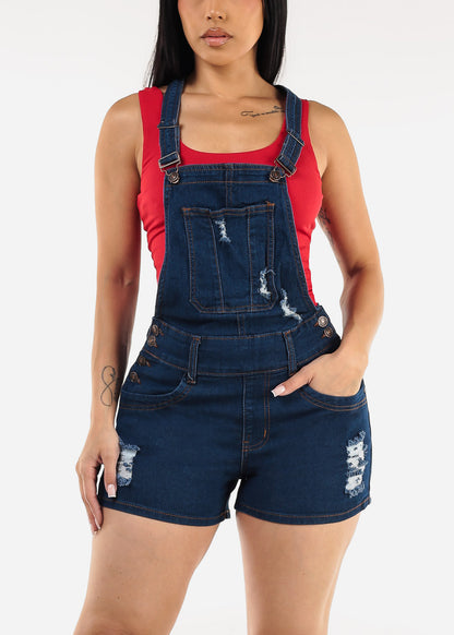 Butt Lift Sleeveless Ripped Dark Denim Short Overalls