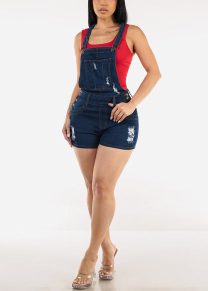 Butt Lift Sleeveless Ripped Dark Denim Short Overalls