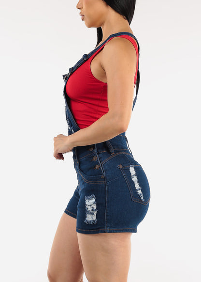 Butt Lift Sleeveless Ripped Dark Denim Short Overalls