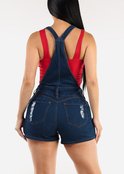 Butt Lift Sleeveless Ripped Dark Denim Short Overalls