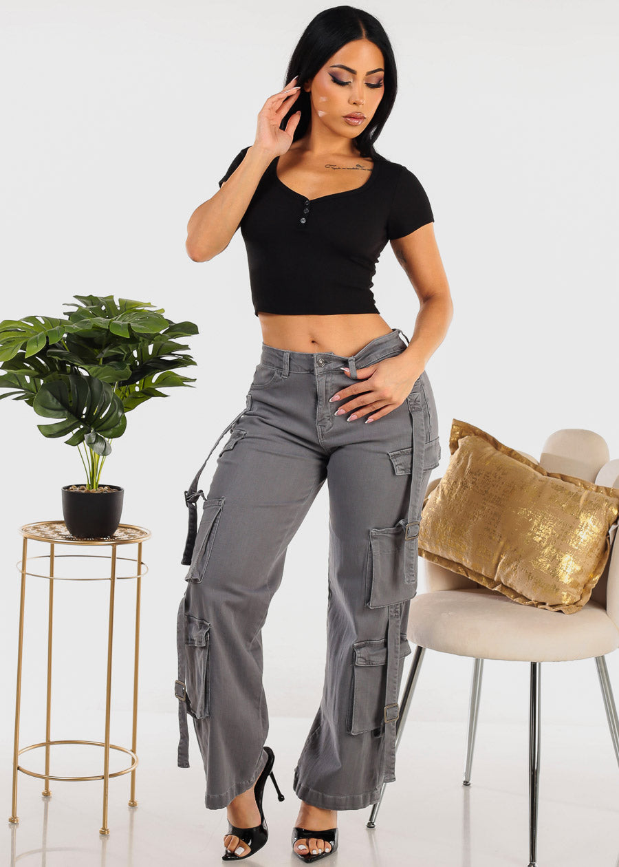 Butt Lifting Straight Wide Leg Stretchy Cargo Jeans Grey