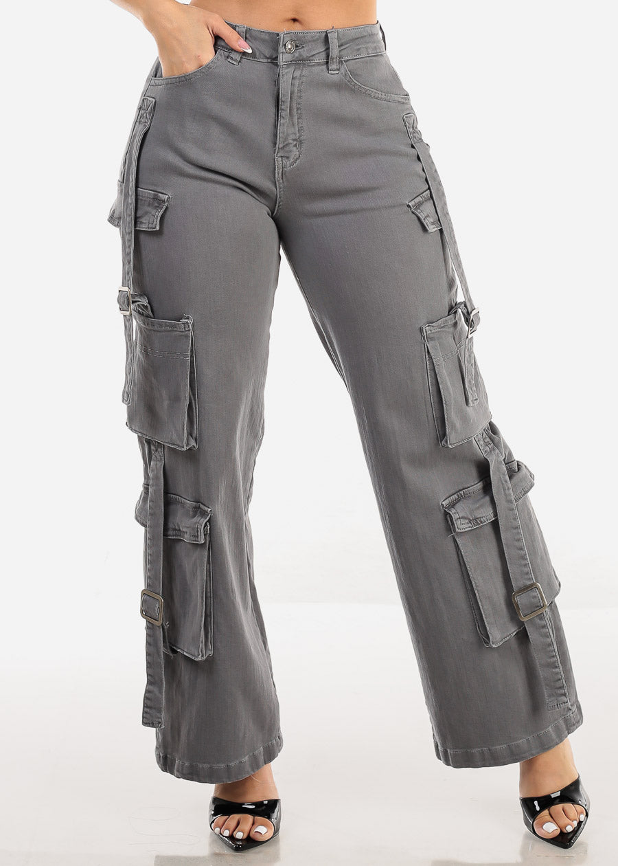 Butt Lifting Straight Wide Leg Stretchy Cargo Jeans Grey