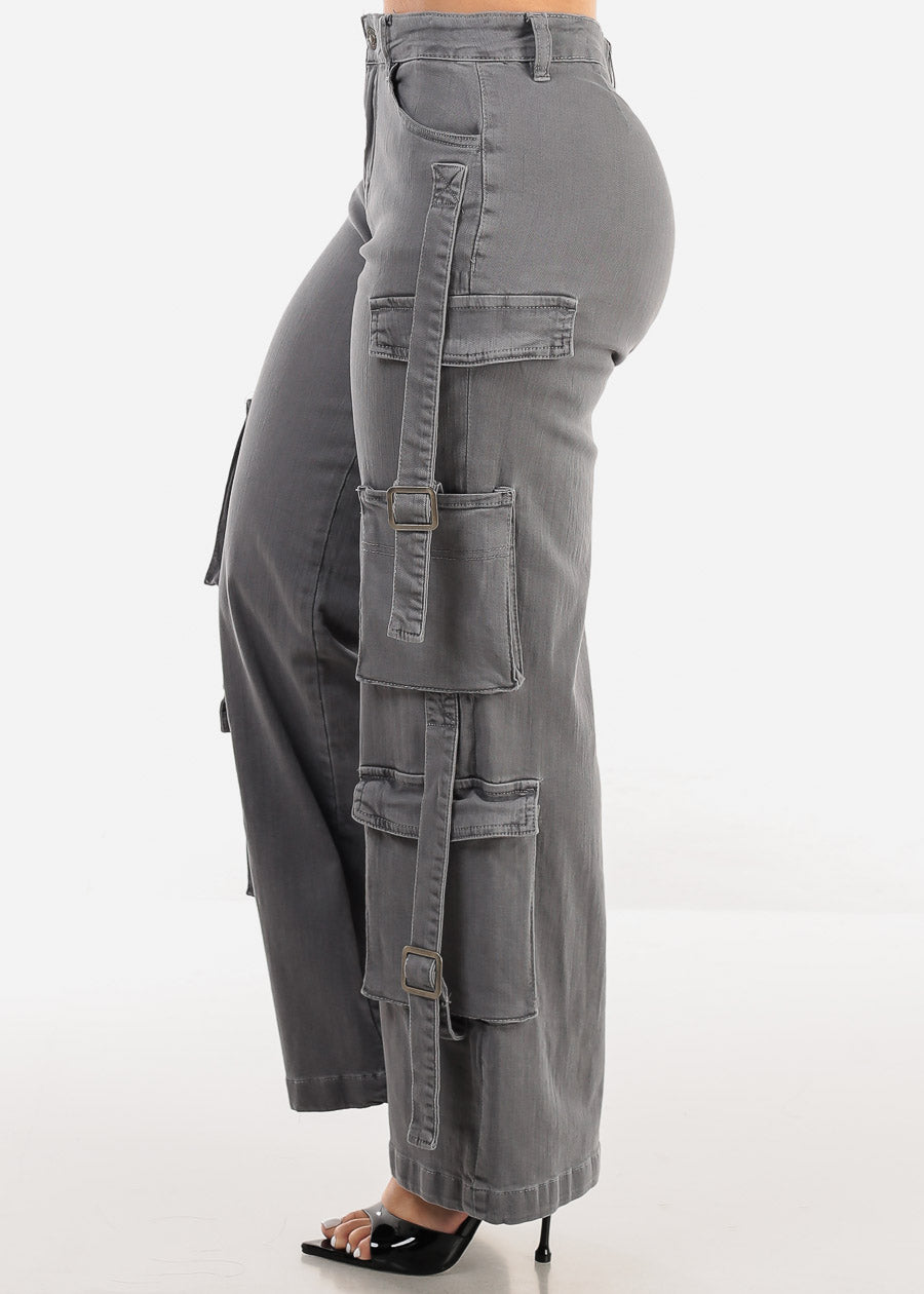 Butt Lifting Straight Wide Leg Stretchy Cargo Jeans Grey