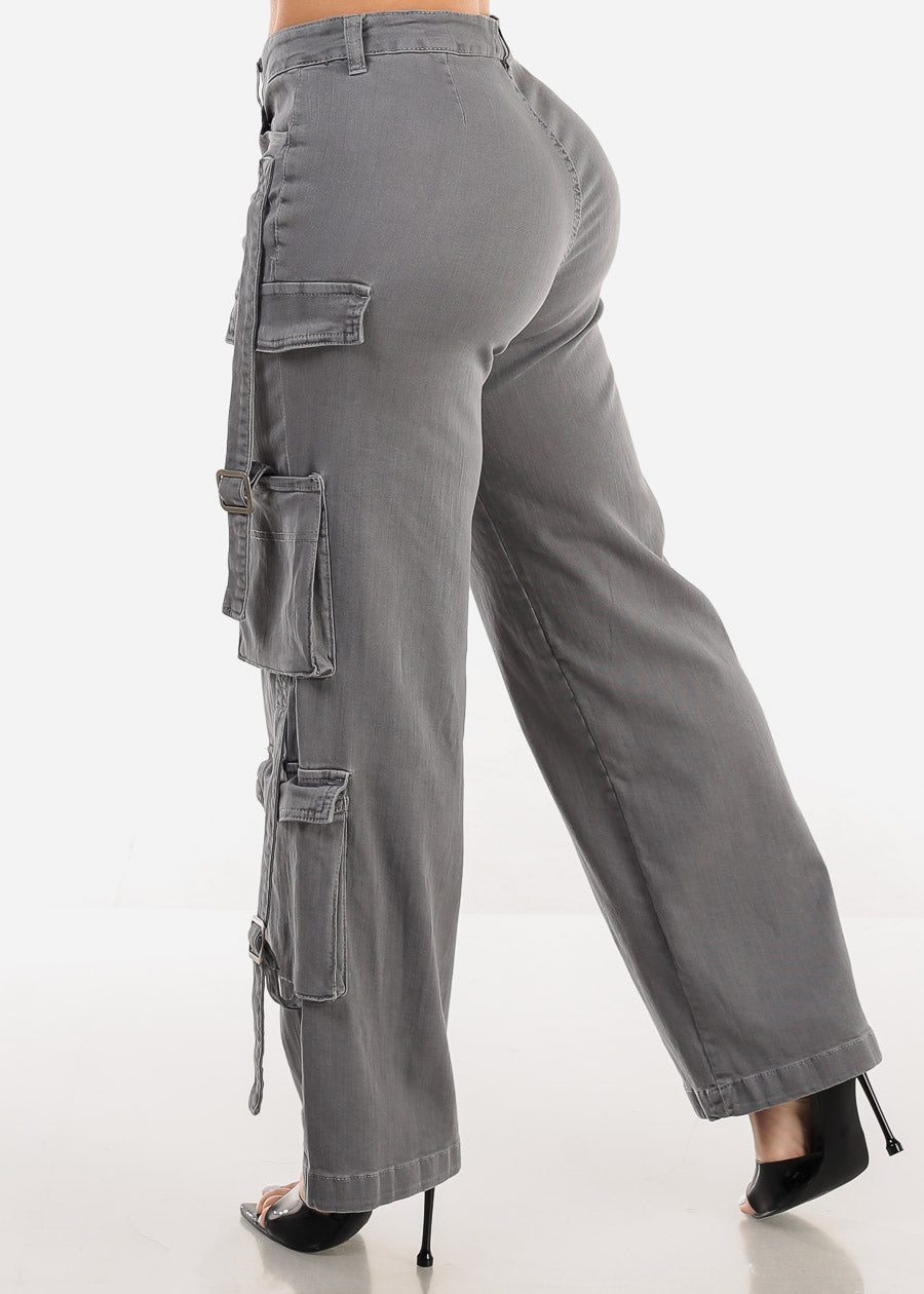 Butt Lifting Straight Wide Leg Stretchy Cargo Jeans Grey