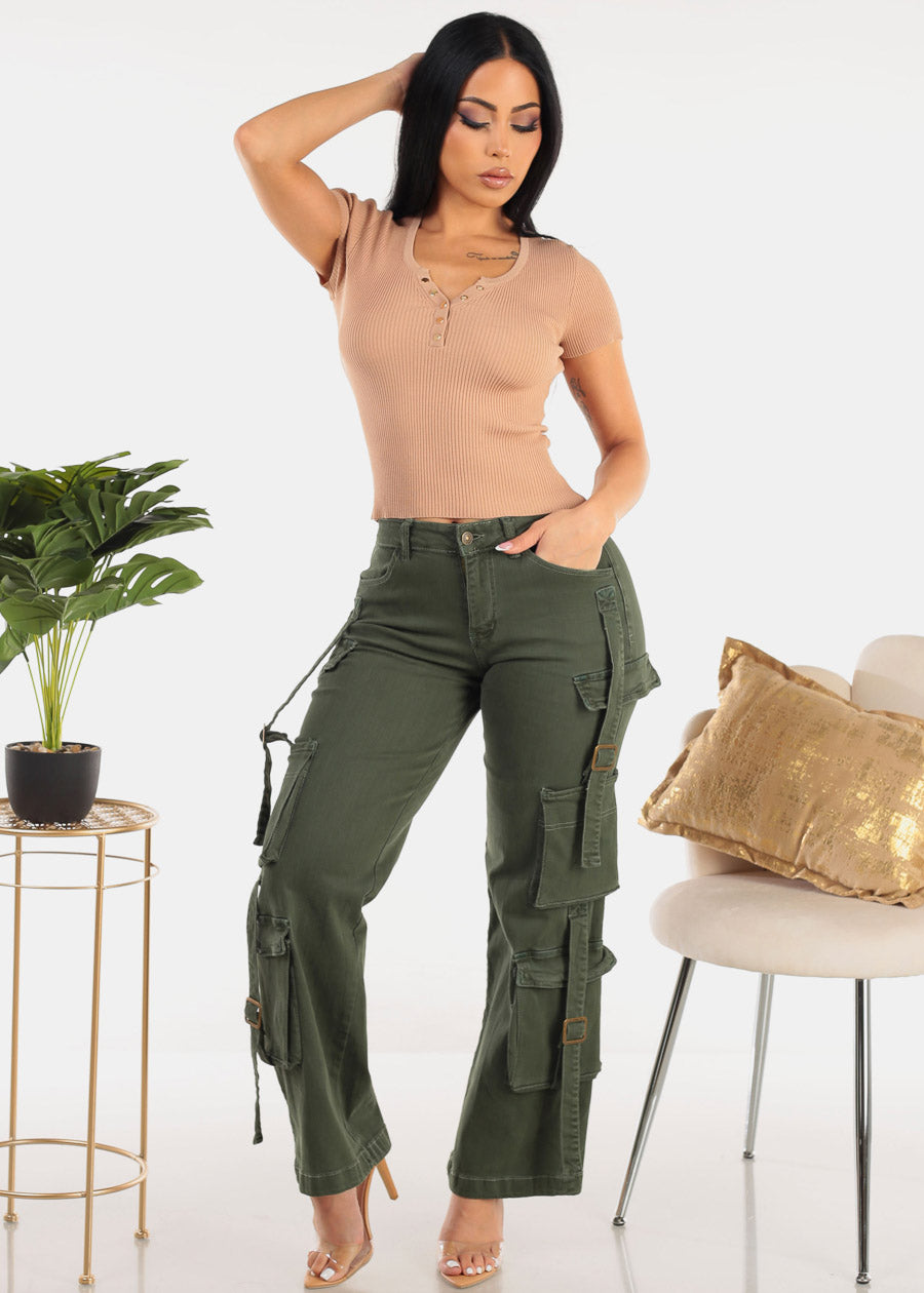 Butt Lifting Straight Wide Leg Stretchy Cargo Jeans Green