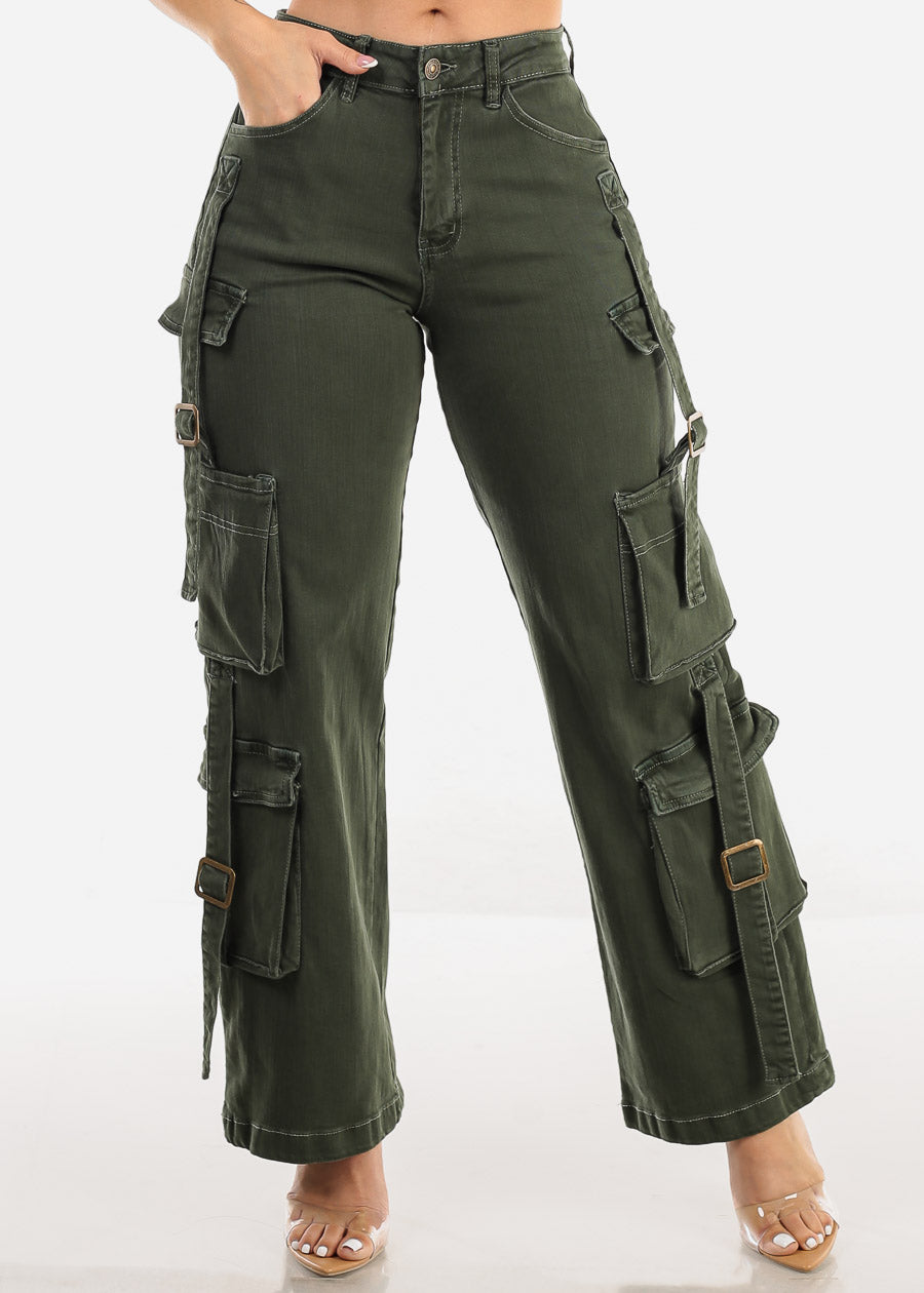 Butt Lifting Straight Wide Leg Stretchy Cargo Jeans Green