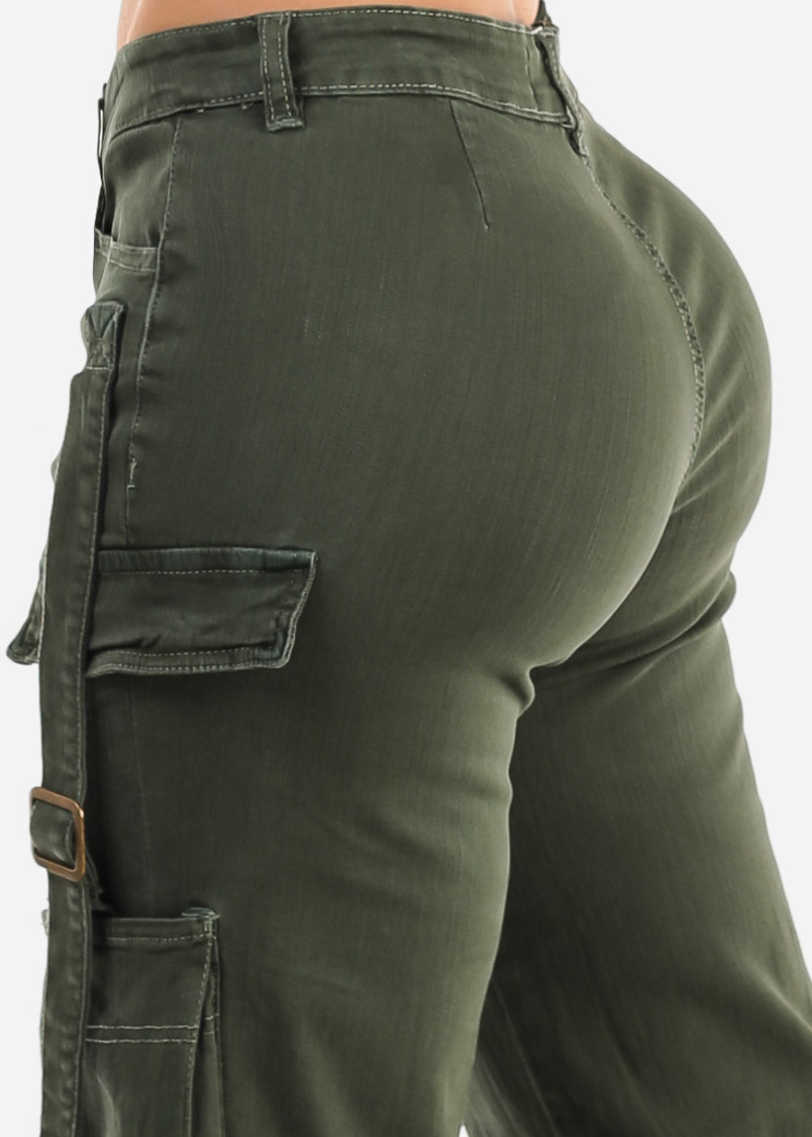 Butt Lifting Straight Wide Leg Stretchy Cargo Jeans Green