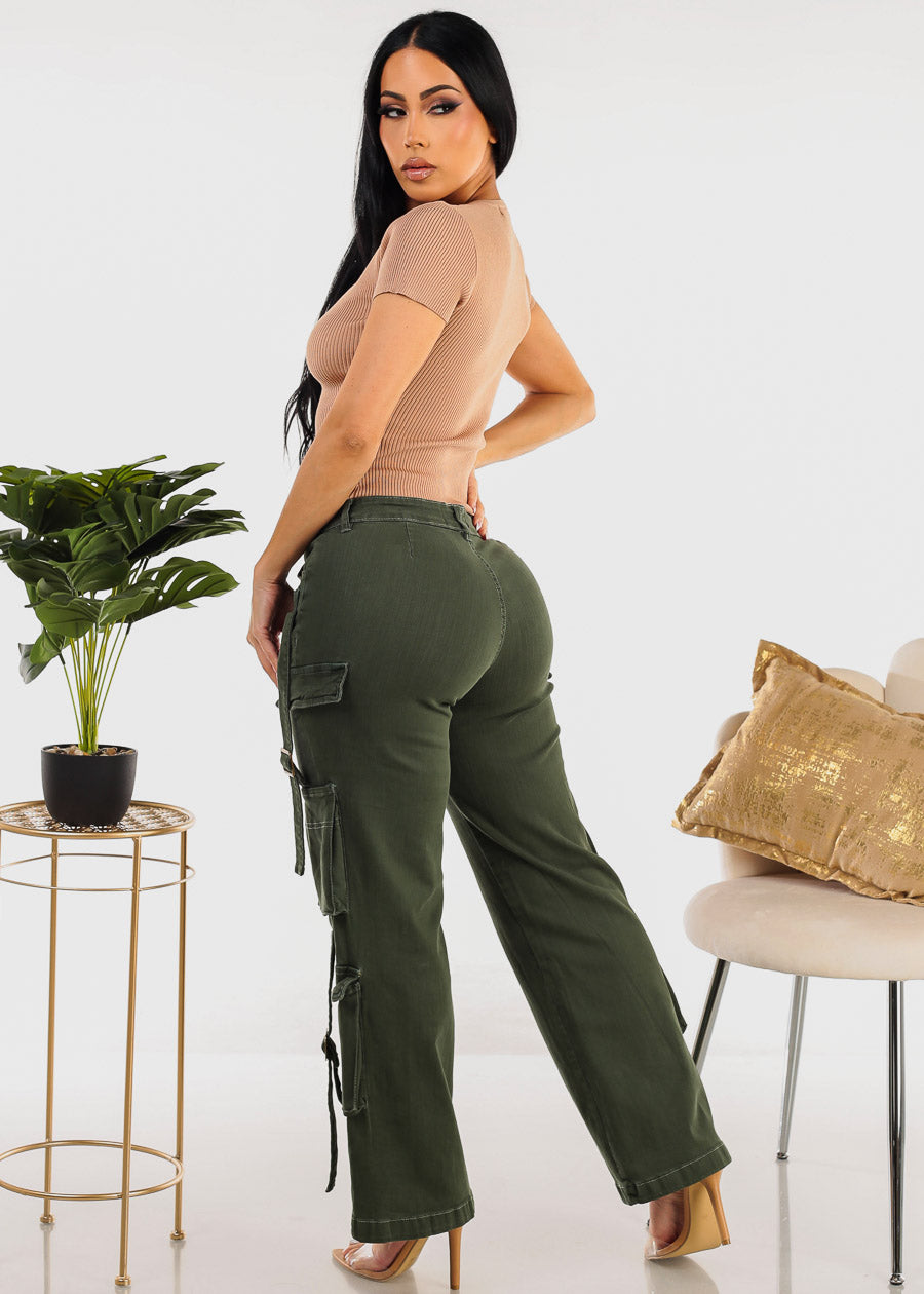 Butt Lifting Straight Wide Leg Stretchy Cargo Jeans Green