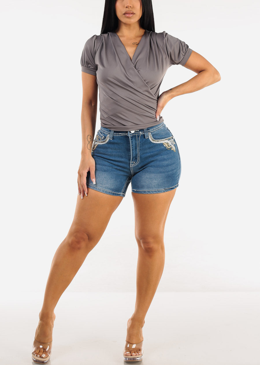 Embroidered High Waist Stretch Denim Shorts Light Wash