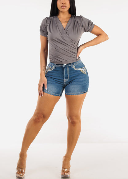 Embroidered High Waist Stretch Denim Shorts Light Wash