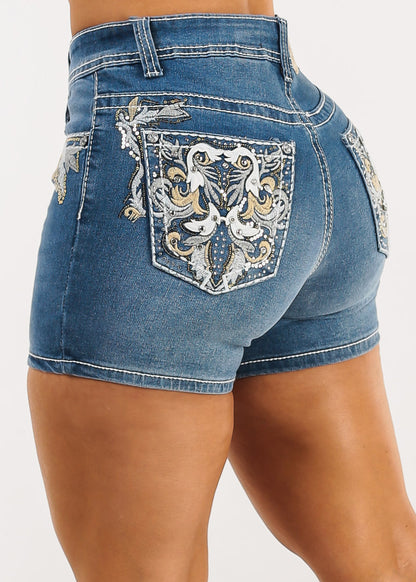 Embroidered High Waist Stretch Denim Shorts Light Wash