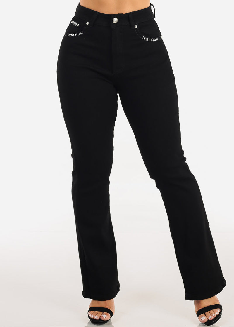Stretchy High Waisted Black Bootcut Jeans w Back Pocket Design