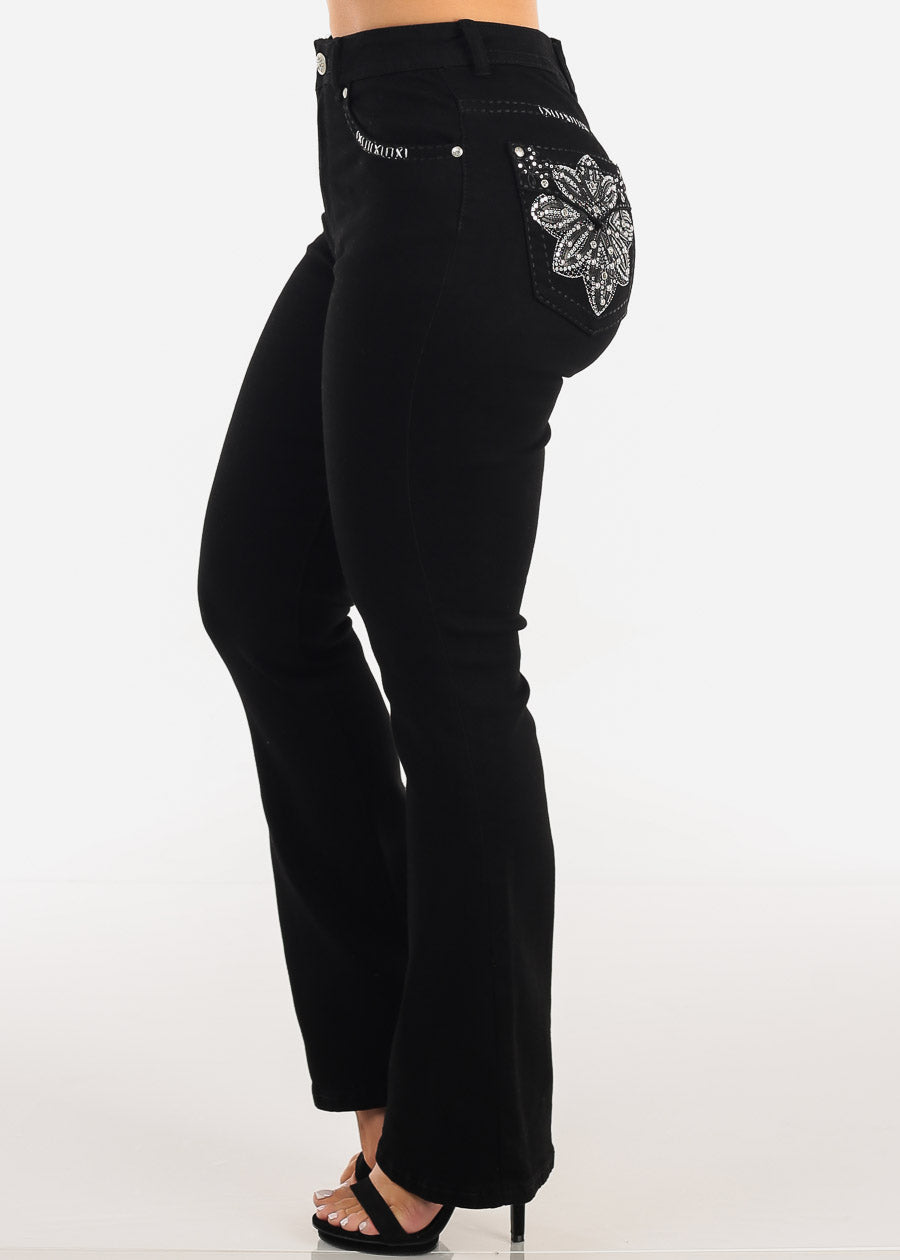 Stretchy High Waisted Black Bootcut Jeans w Back Pocket Design