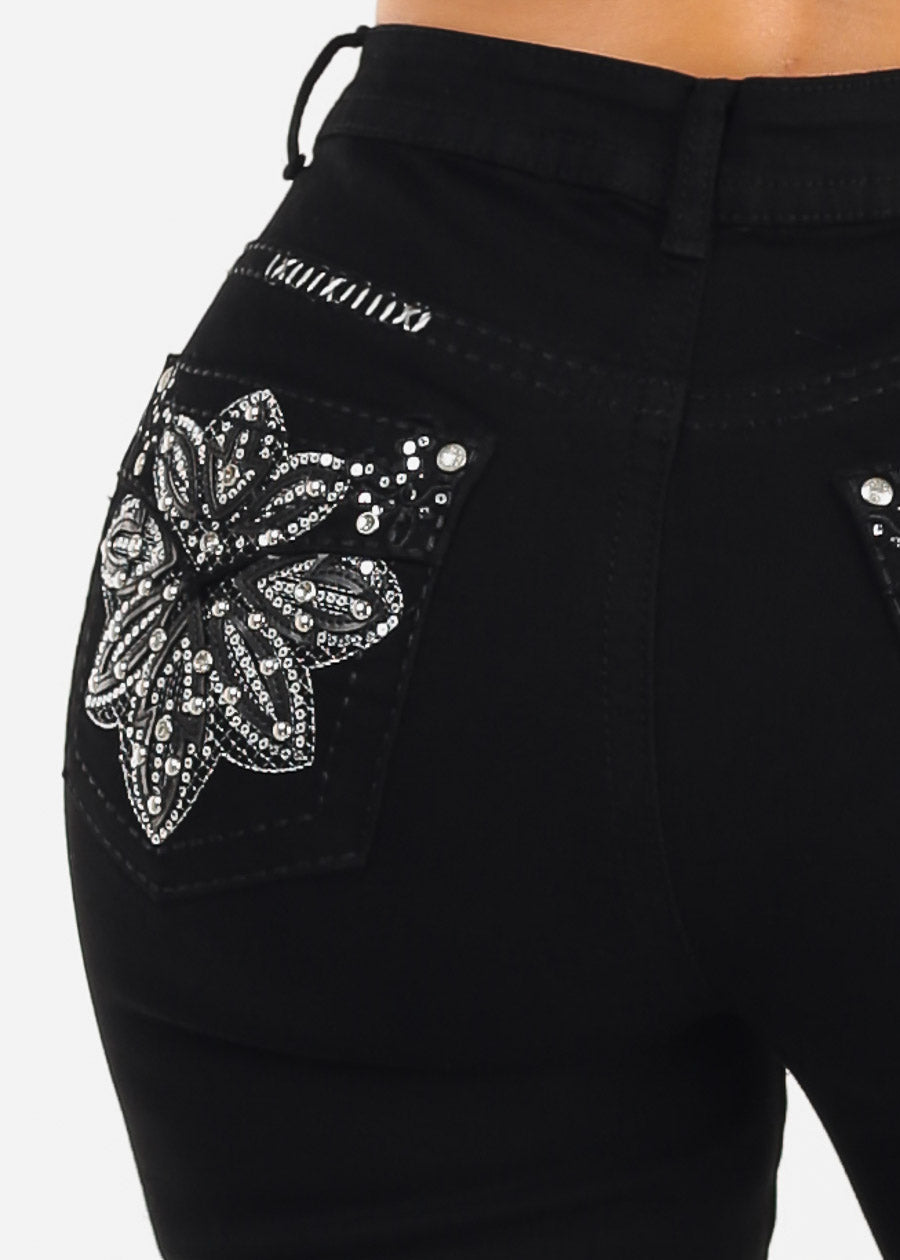 Stretchy High Waisted Black Bootcut Jeans w Back Pocket Design