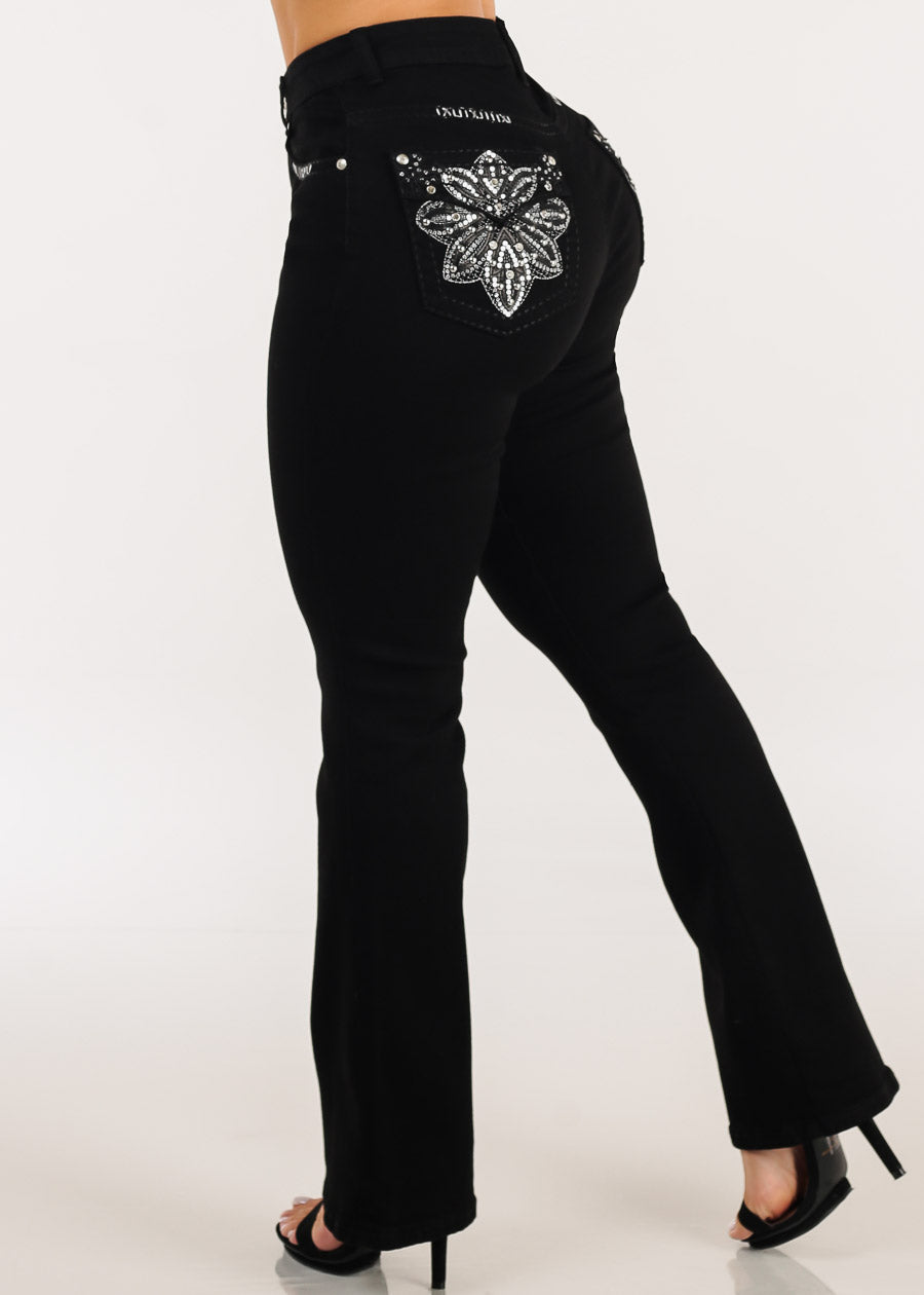 Stretchy High Waisted Black Bootcut Jeans w Back Pocket Design