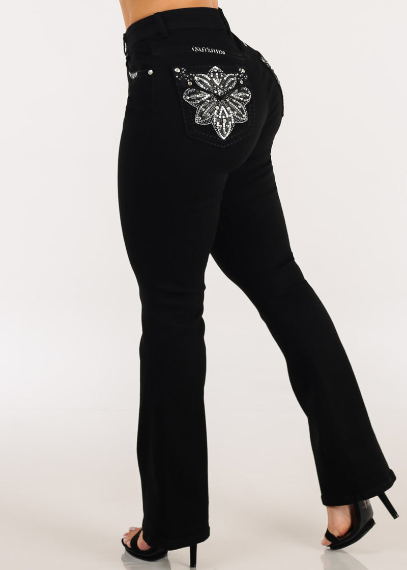 Stretchy High Waisted Black Bootcut Jeans w Back Pocket Design