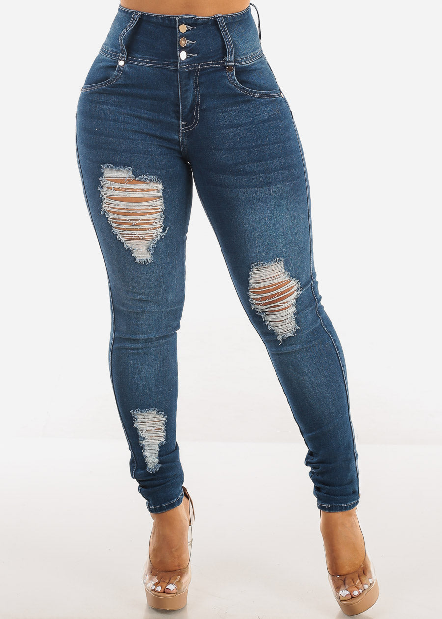 Butt Lift Distressed High Waisted Skinny Jeans Med Blue