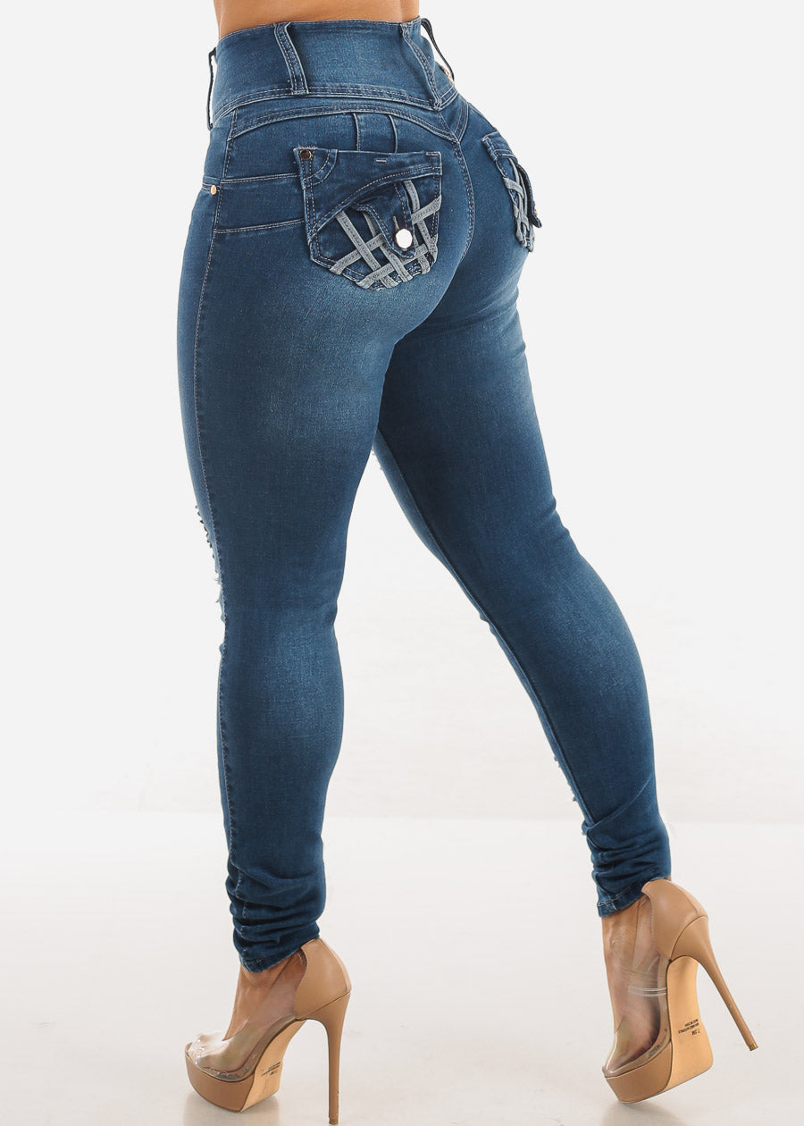 Butt Lift Distressed High Waisted Skinny Jeans Med Blue