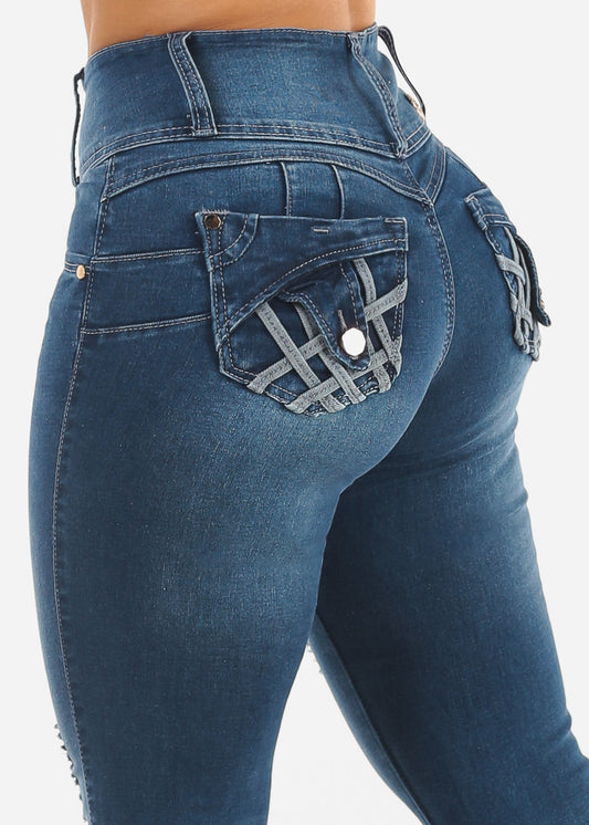 Butt Lift Distressed High Waisted Skinny Jeans Med Blue