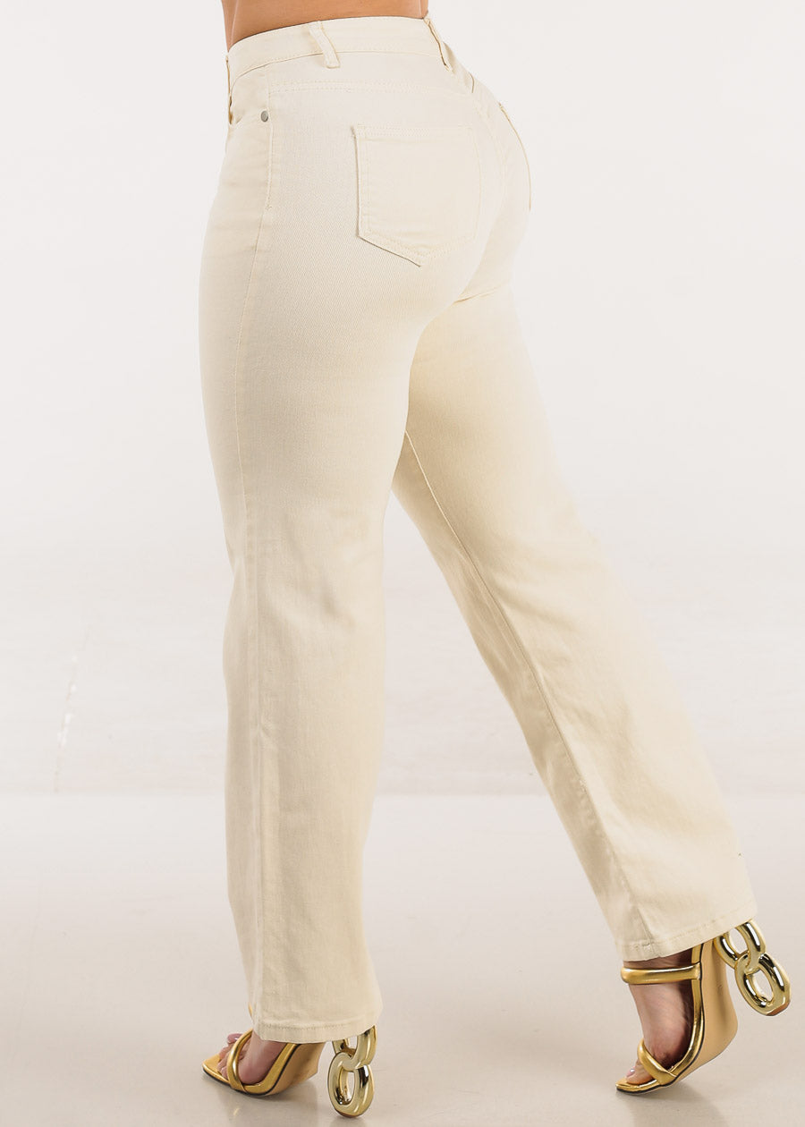 High Waist Straight Wide Leg Jeans Light Khaki