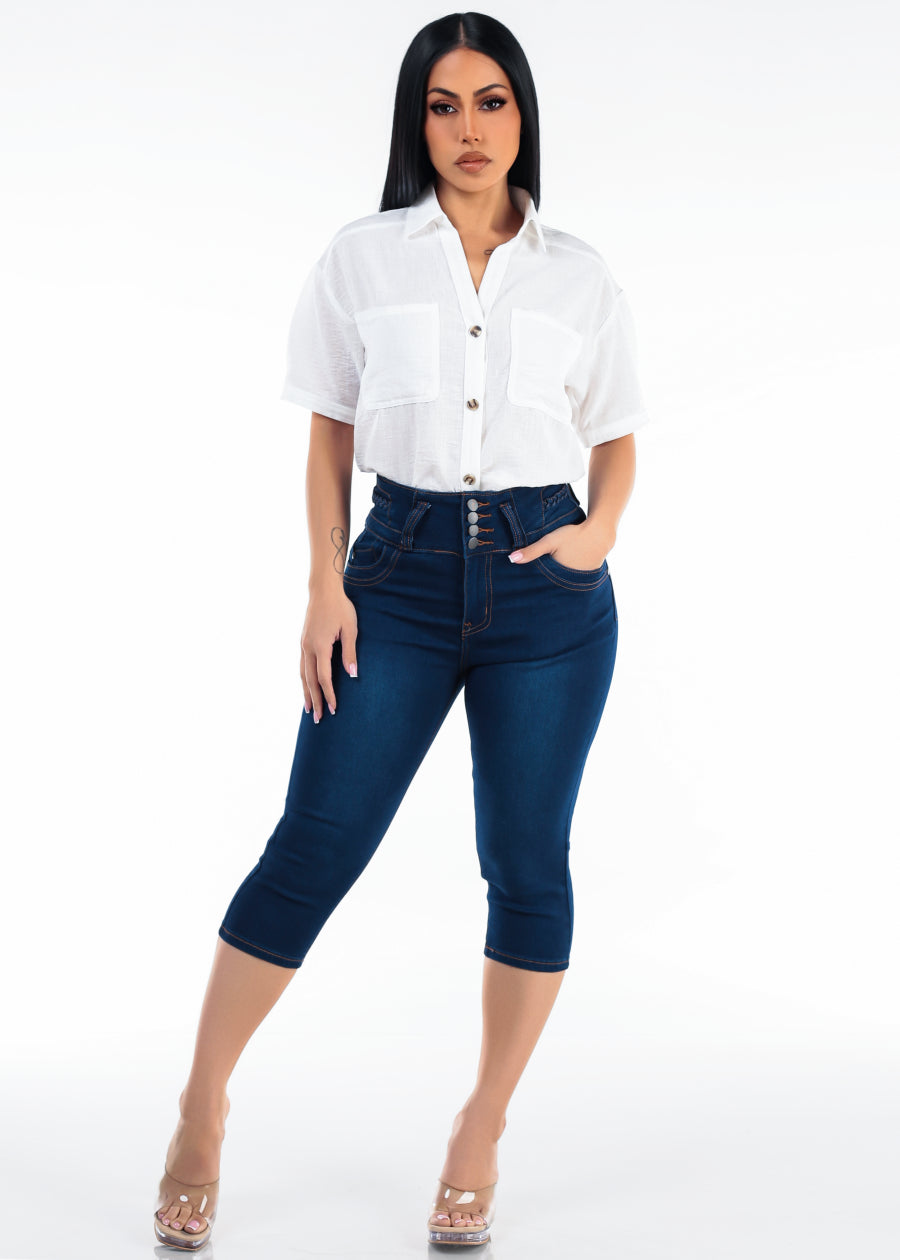 MX JEANS Super High Waist Stretch Denim Capris Dark Wash