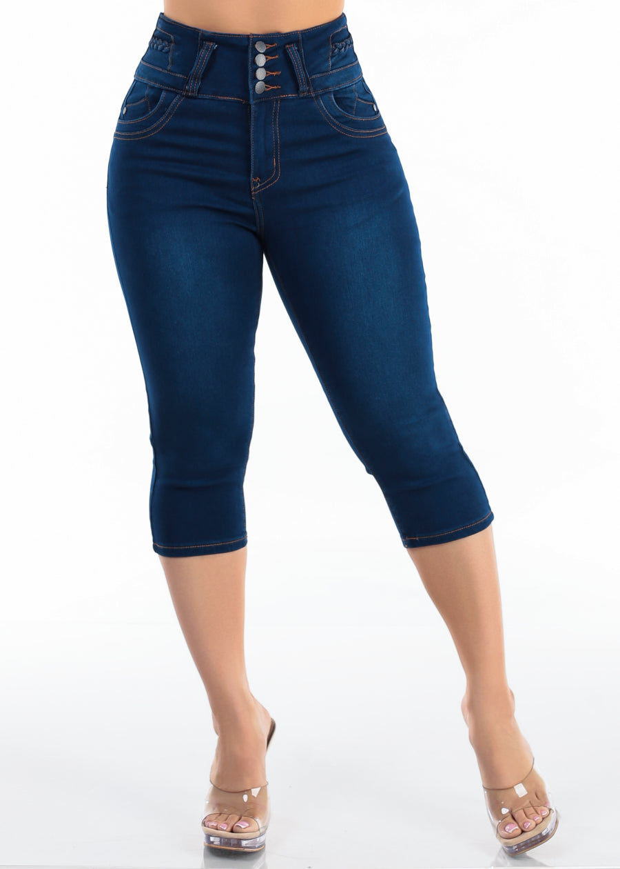 MX JEANS Super High Waist Stretch Denim Capris Dark Wash