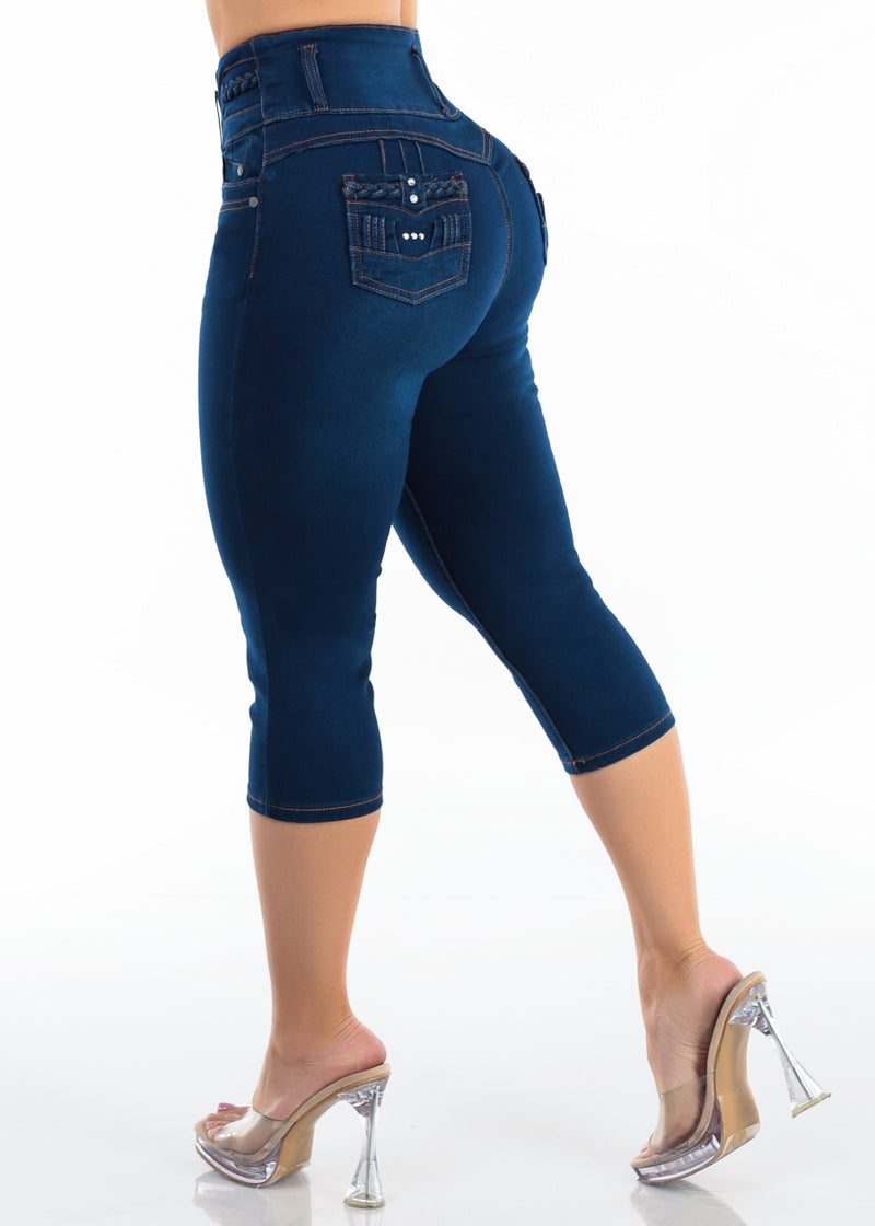 MX JEANS Super High Waist Stretch Denim Capris Dark Wash