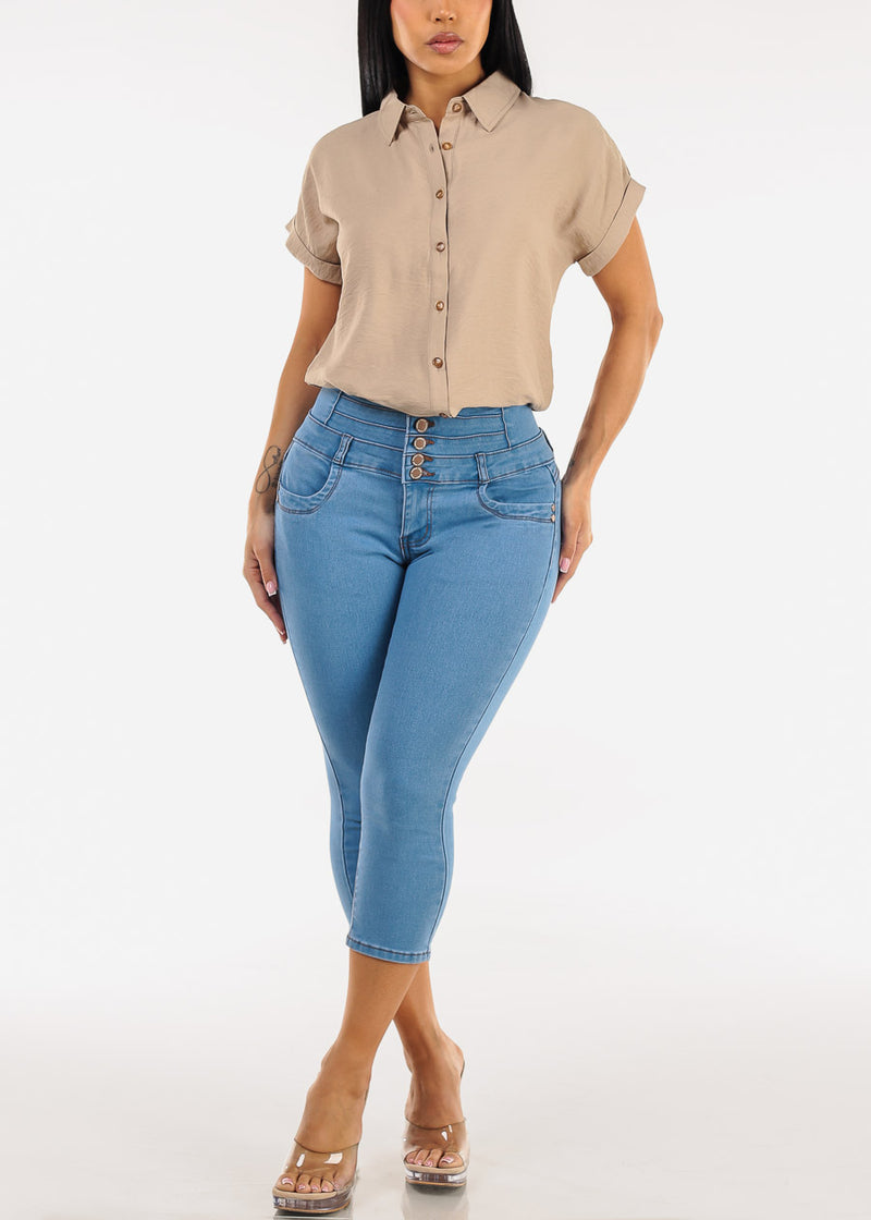 MX JEANS Butt Lift Thick Waist Stretchy Light Denim Capris