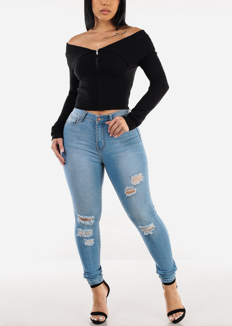 Butt Lift High Waist Distressed Skinny Jeans Light Blue