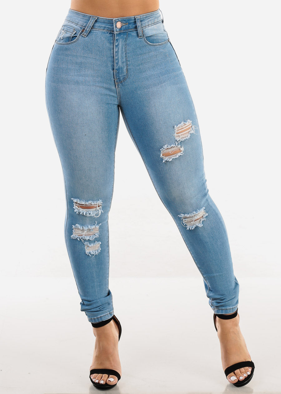 Butt Lift High Waist Distressed Skinny Jeans Light Blue