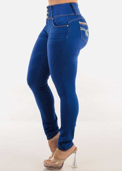Butt Lift Mid Rise Blue Stretch Skinny Jeans