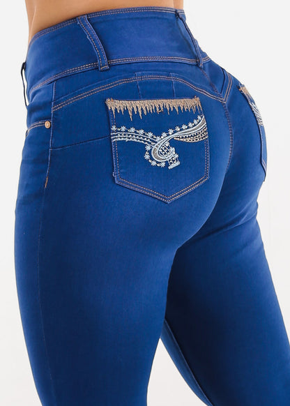 Butt Lift Mid Rise Blue Stretch Skinny Jeans