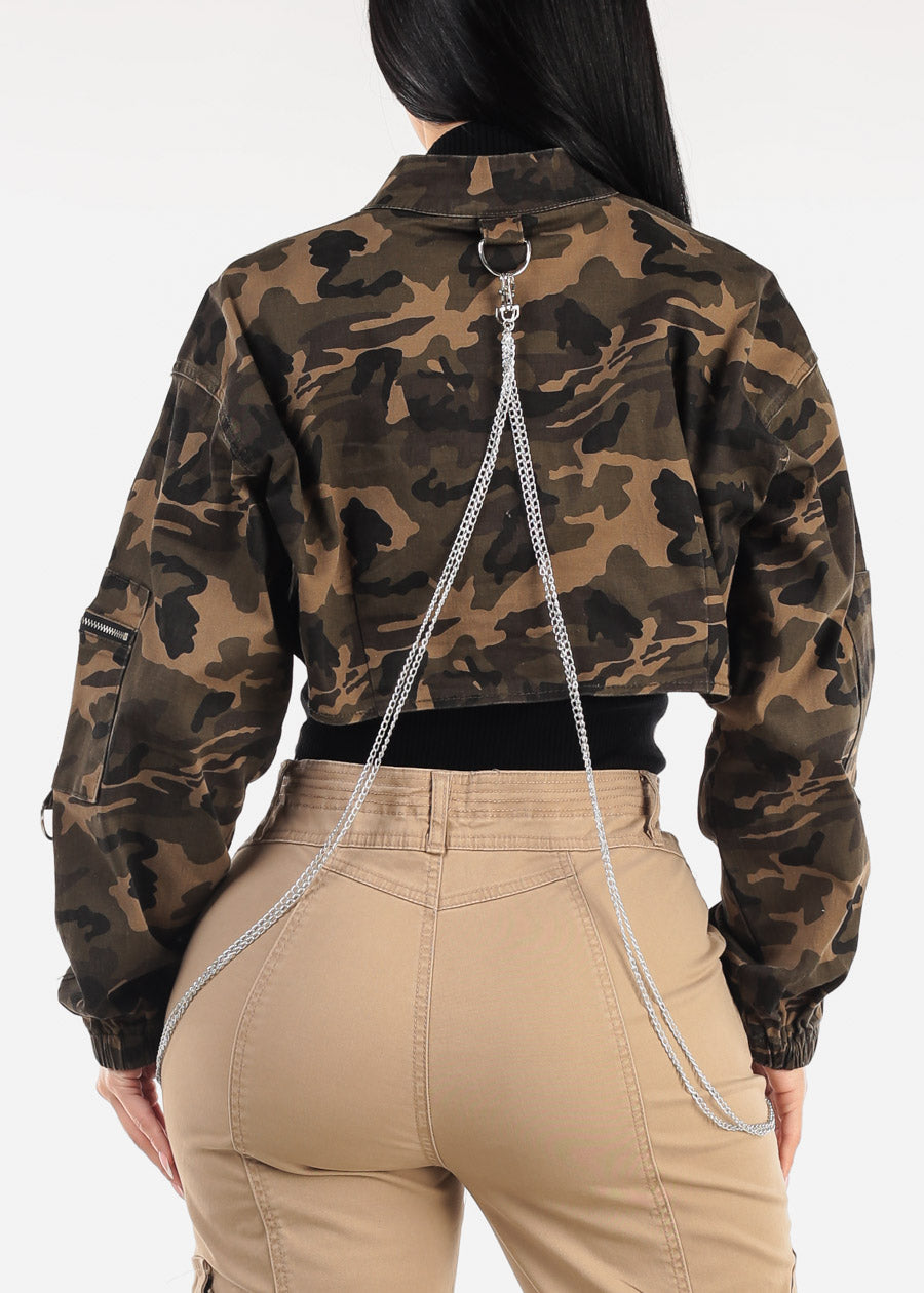 Long Sleeve Cropped Camo Jacket w Chains