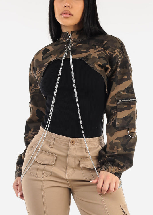 Long Sleeve Cropped Camo Jacket w Chains