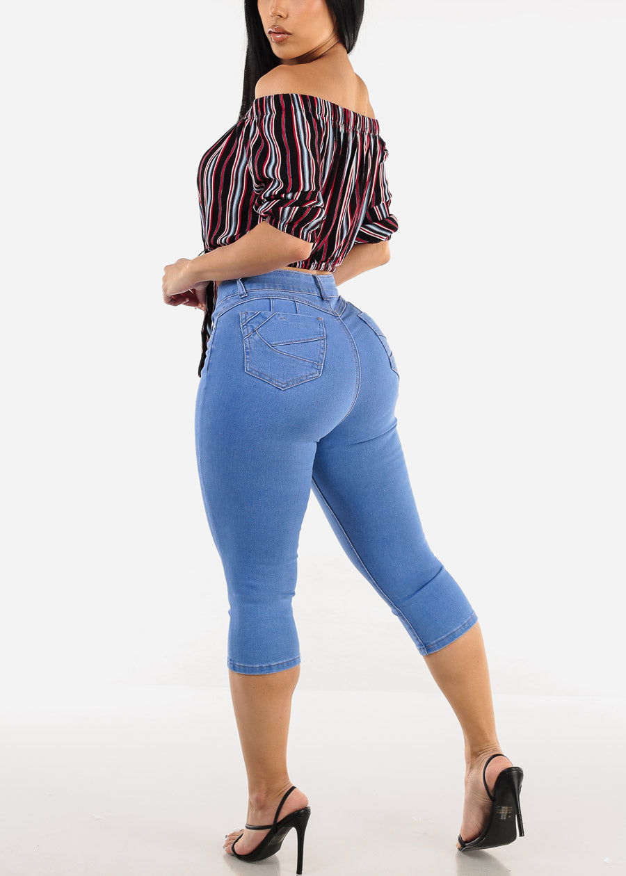 Super High Waist Butt Lifting Light Denim Capris