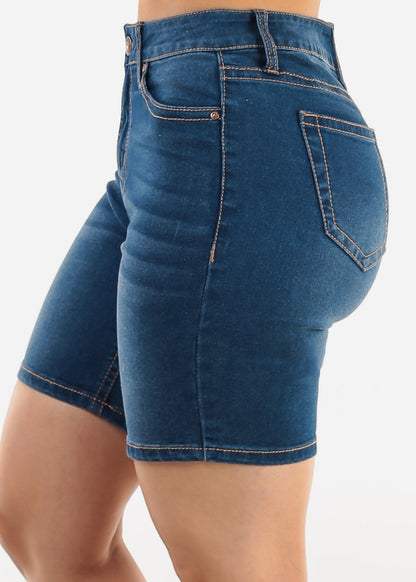 Classic High Waist Mid Thigh Stretch Denim Shorts Med Blue