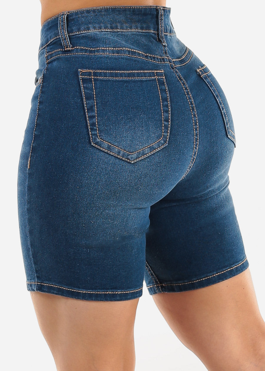 Classic High Waist Mid Thigh Stretch Denim Shorts Med Blue