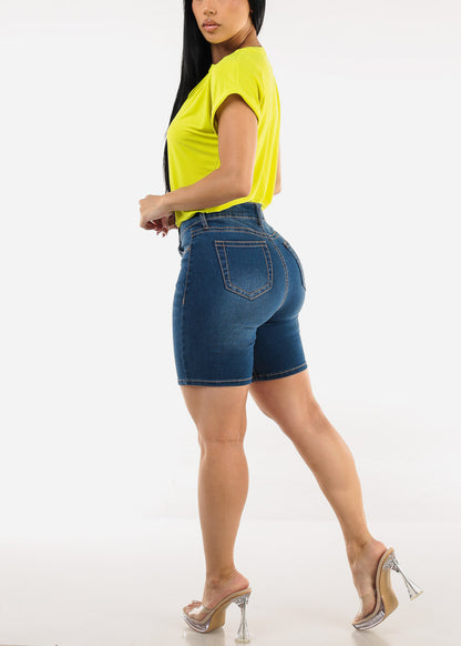 Classic High Waist Mid Thigh Stretch Denim Shorts Med Blue