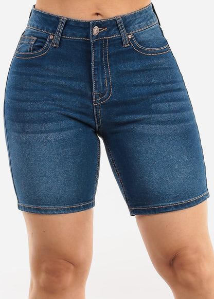 Classic High Waist Mid Thigh Stretch Denim Shorts Med Blue