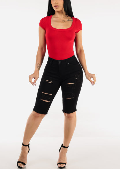 Stretchy Mid Rise Black Ripped Denim Bermuda Shorts
