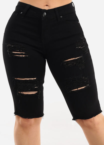 Stretchy Mid Rise Black Ripped Denim Bermuda Shorts
