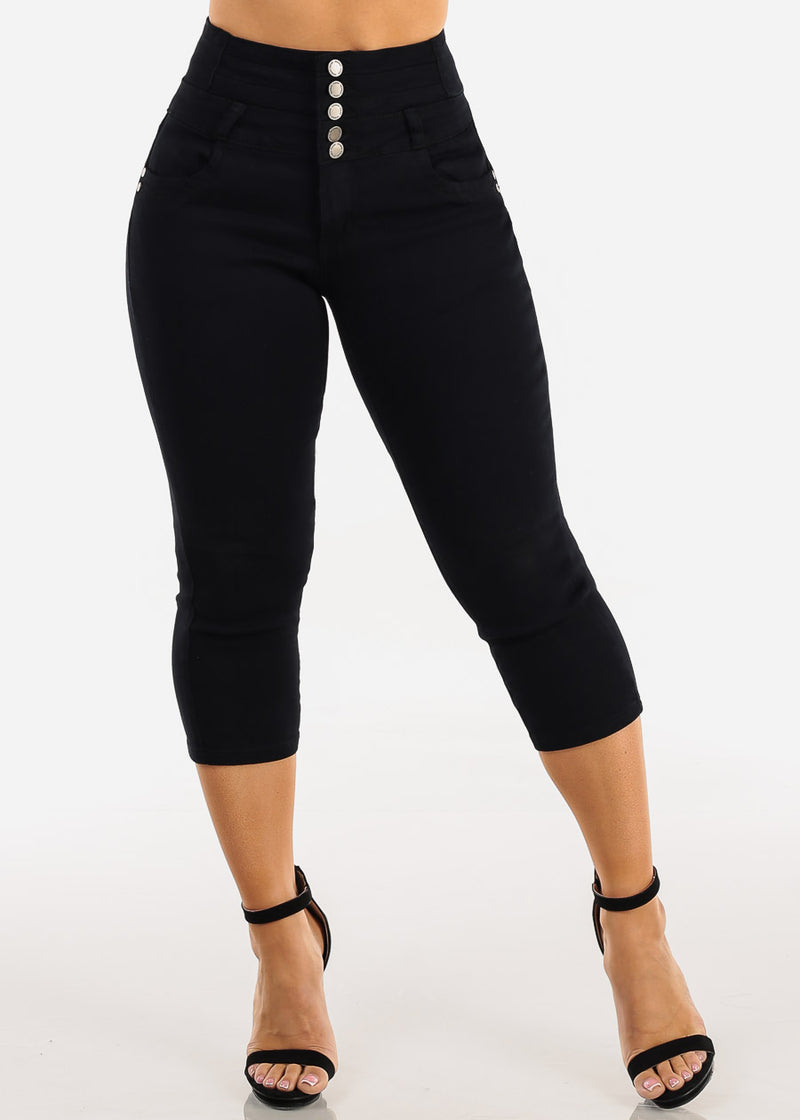 MX JEANS Butt Lift Thick Waist Black Stretch Denim Capris